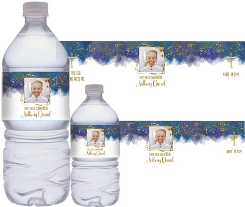 Blue Gold Photo First Communion Favors Personalized Water Bottle Label Stickers Self-Stick Waterproof | Set of 10