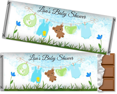 Blue Clothesline Boy's Baby Shower Chocolate Bars and Candy Wrappers