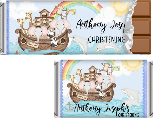 Blue Noah's Ark. Christening Baptism Personalized Hershey's and Kit Kat Chocolate Bars and Candy Wrappers