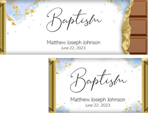 Blue and Gold Swirl Christening Baptism Personalized Hershey's and Kit Kat Chocolate Bars and Candy Wrappers.