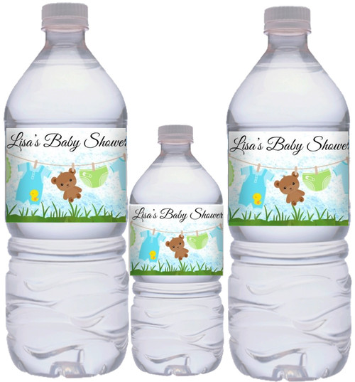 Blue Boy's Clothesline Baby Shower Personalized Water Bottle Labels.