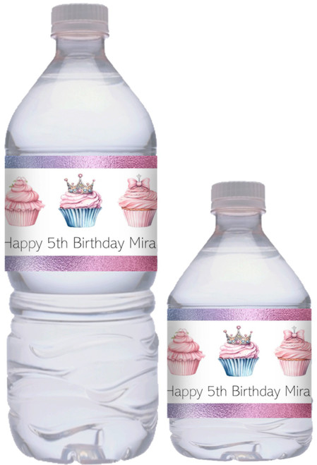 Princess Cupcake Girl's Birthday Personalized Water Bottle Stickers.