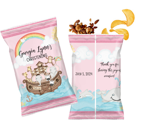 Noah's Ark Pink Girl's Christening Baptism Custom Personalized Chip Bags