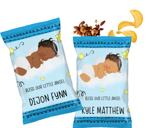 Blue Ethnic or Caucasian Angel Christening Baptism Personalized Chip Bags