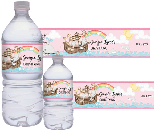 Pink Girl's Noah's Ark Baptism Christening Personalized Water Bottle Stickers.