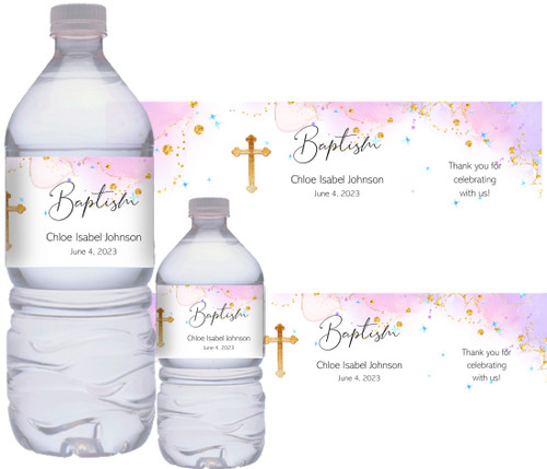 Pink and Gold Baptism Christening Personalized Water Bottle Stickers.