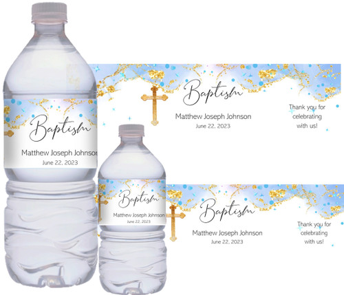 Blue and Gold Baptism Christening Personalized Water Bottle Stickers.