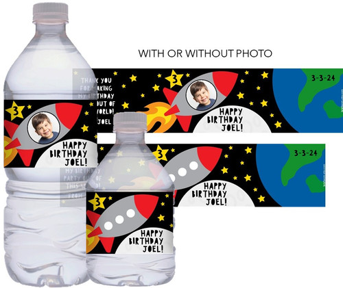 Outer Space Boy's Birthday Water Bottle Stickers.