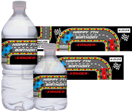 Race Track Boy's Birthday Water Bottle Stickers.