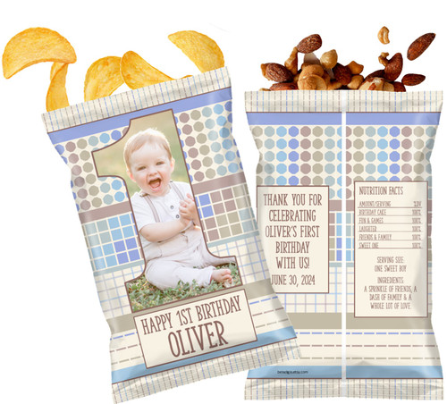One Photo Party Boy's First Birthday Personalized Chip Bags