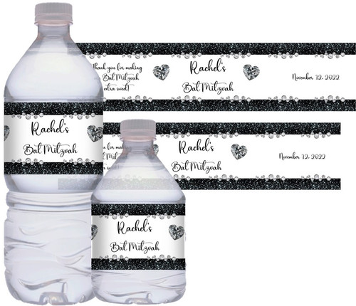 Black & White Diamond Bling Bat Mitzvah Water Bottle Stickers. (Set of 10)