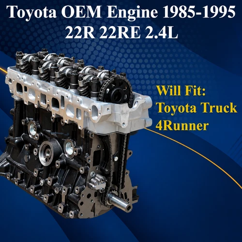 Remanufactured Toyota 22R 22RE 2.4L OEM long block engine fits 1985-1995 Toyota Pickup and 4Runner. Professionally remanufactured for reliable performance and durability.