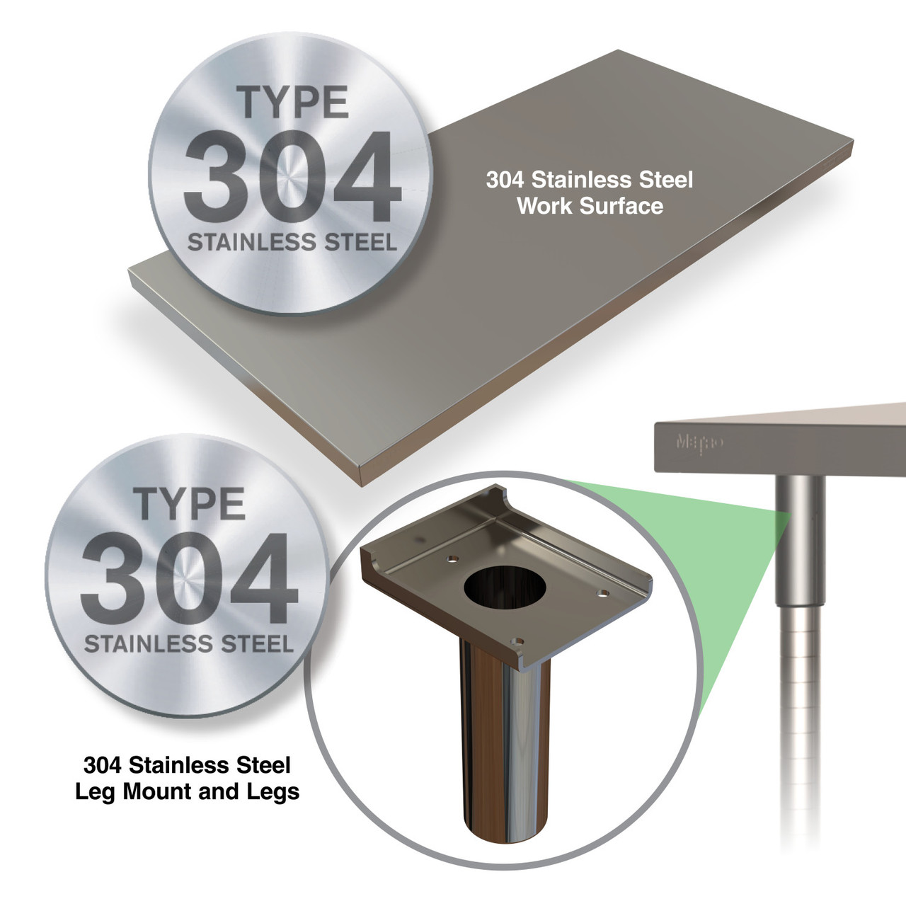 Metro TableWorx Performance Work Table, Type 304 Stainless Steel Work  Surface, Legs, and Leg Mounts, Stainless Steel 3-Sided Frame