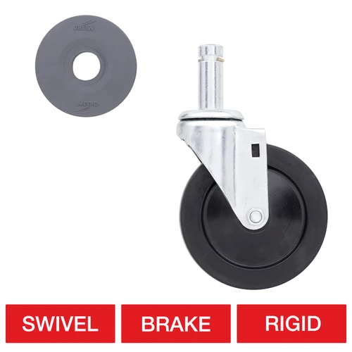 Metro 5" Plated Swivel Stem Casters Resilient Rubber Wheel Treads for Super Erecta Industrial Wire Shelving Racks