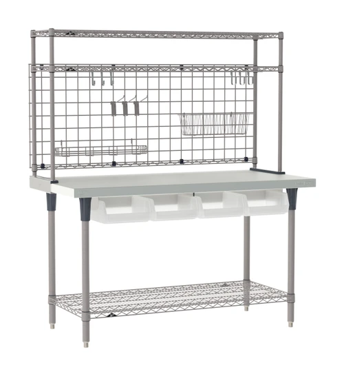 TableWorx 304 Stainless Steel Prep Table with Two Overhead Shelves, Undershelf, Productivity Grid, and Accessories