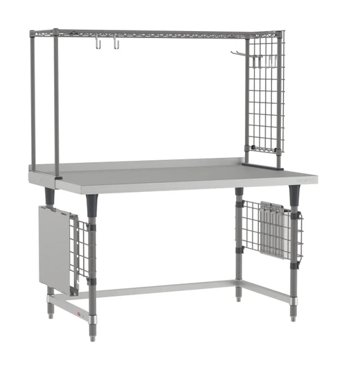 TableWorx 304 Stainless Steel Prep Table with Overhead Shelf, Side Grids, and 3-Sided Frame
