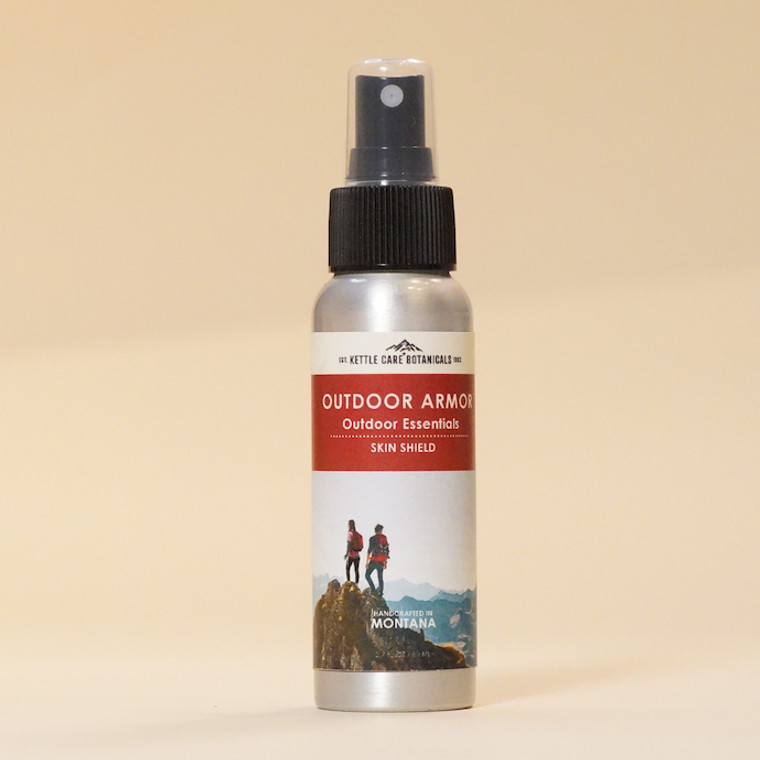 A 2.7oz metal bottle of Outdoor Armor, healthy bug spray with Lemon Eucalyptus Oil, a natural DEET alternative, to prevent mosquitos and ticks from biting