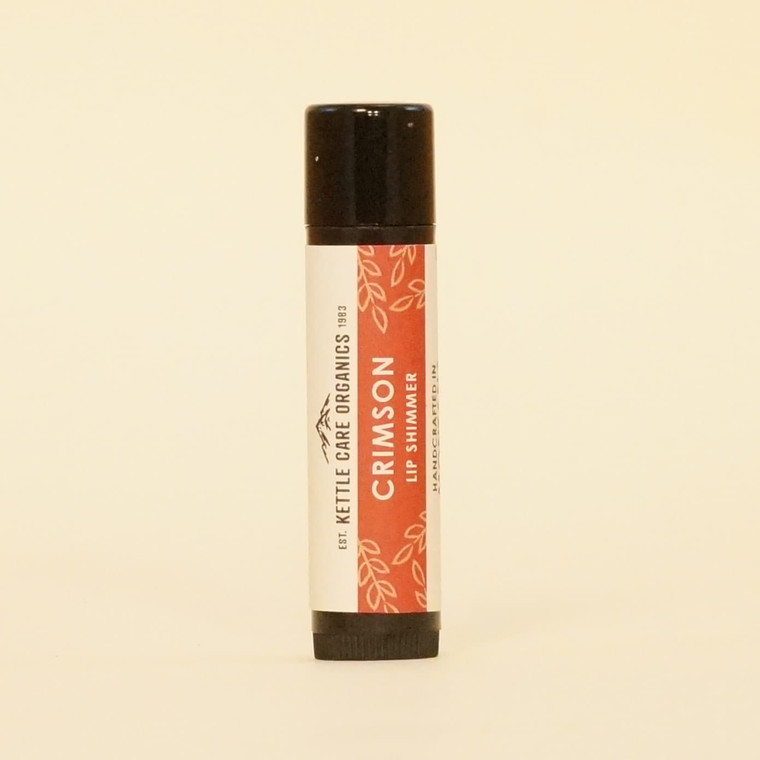 Crimson Lip Shimmer, handcrafted in Montana, 0.20 oz tube, orange label