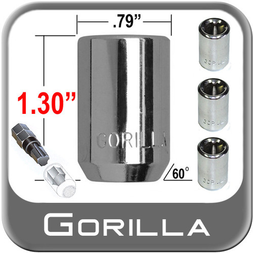 Gorilla® 12mm x 1.5 Hex Socket Wheel Locks Tapered (60°) Seat Right Hand Thread Chrome 4 Locks w/Key #20631