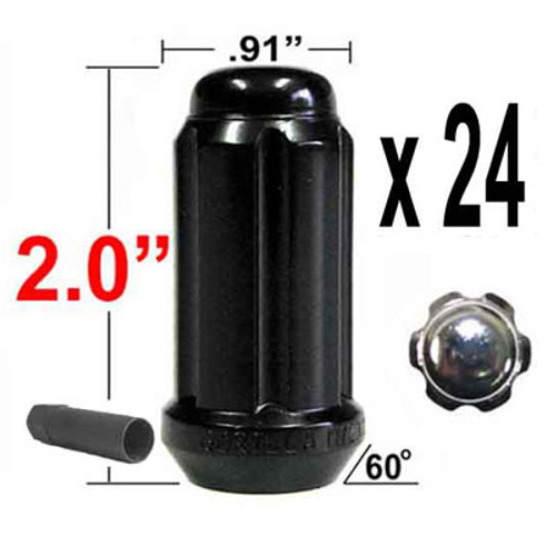 Gorilla® 14mm x 2.0 Lug Nuts Tapered (60°) Seat Right Hand Thread Black 24 Nuts w/Key #26104BC