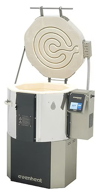 Evenheat GTS 18 kiln with open lid revealing interior ready for ceramic or glass loading Evenheat GTS 18 kiln with open lid revealing interior ready for ceramic or glass loading