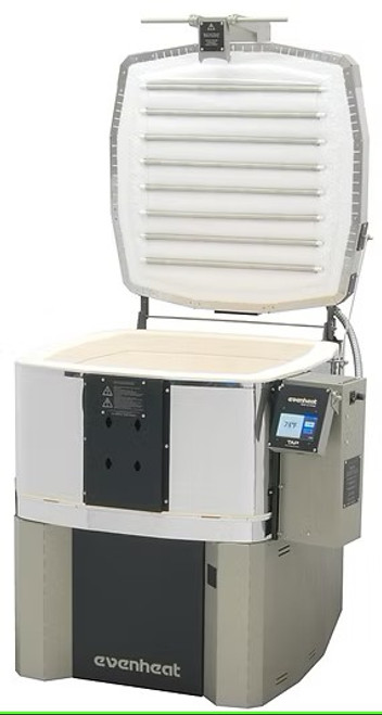 Evenheat GTS 24 electric kiln with white exterior, metal frame, and top-opening lid Evenheat GTS 24 electric kiln with white exterior, metal frame, and top-opening lid