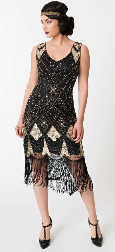 black and gold flapper dress