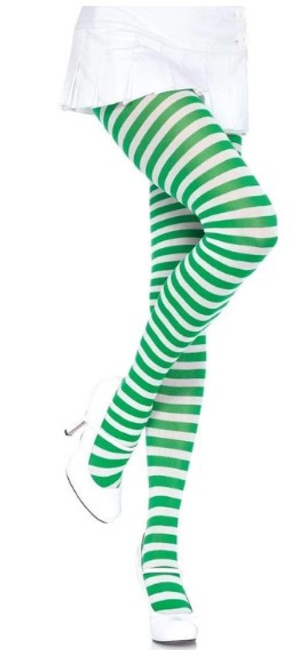White & Kelly Green Nylon Striped Tights - The Costume Shoppe