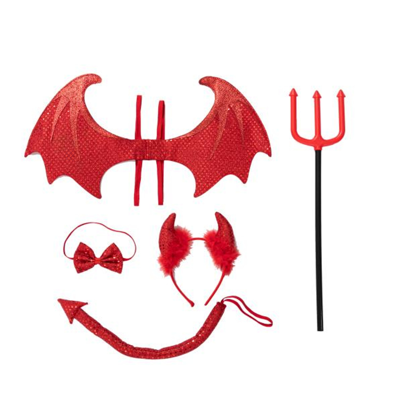 Spooktacular Creations 5 Pieces Halloween Devil Costume Set with Red Devil Wings, Devil Pitchfork, Bow Tie, Sequin Devil Horn Headband, and Devil