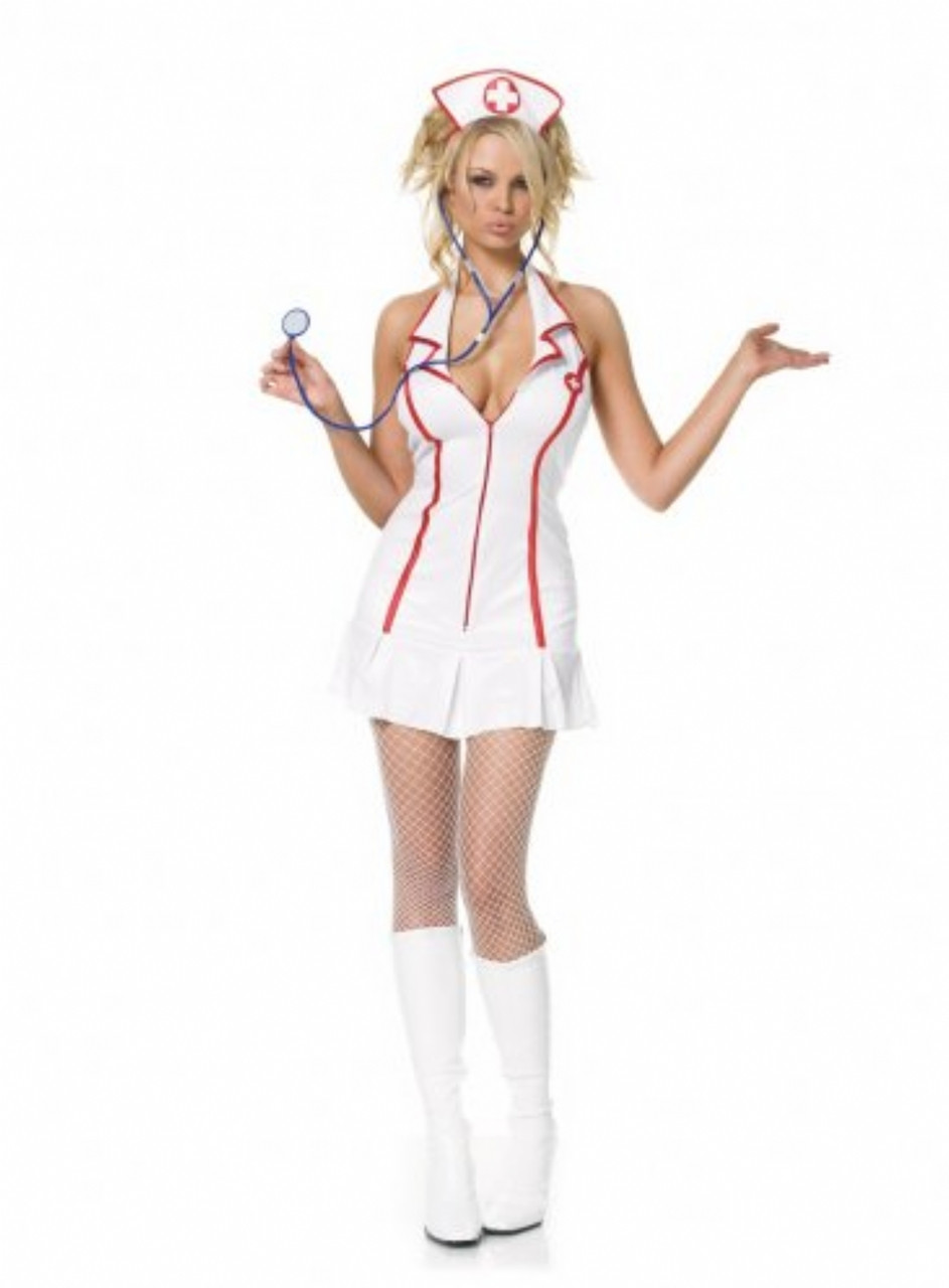 Nurse Costume Naughty Womens Sexy Seductive White Red Vinyl Bodysuit Choker  Garter Belt Headpiece Medical Cosplay Halloween 4-PC 5111 -  Canada