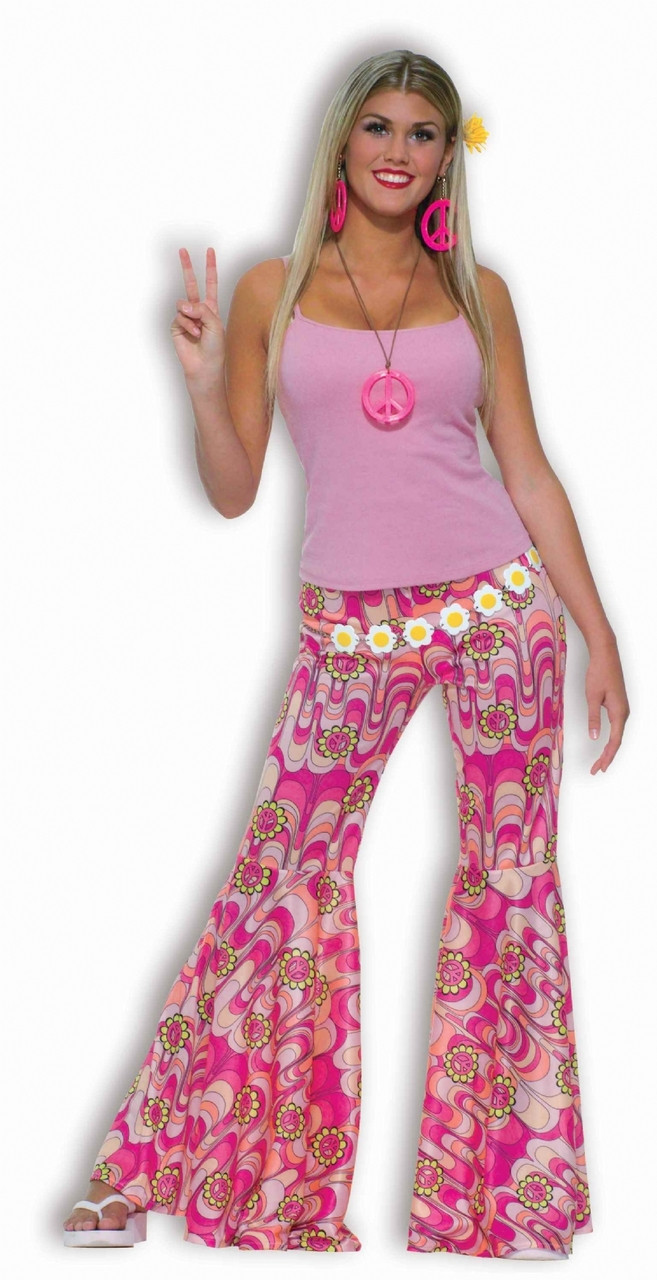 Pink Flower Bell Bottom Hippie Pants 60s/70s - The Costume Shoppe