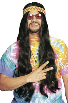 Long Black Hippie Rocker Wig with Bandanna | 1960s | Decade Wigs