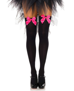 Black Opaque Thigh Highs with Pink Bow | Hosiery | Legwear and Tights