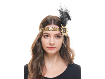 Gold Happy New Year Flapper Headband with Feather | Novelty | Hats and Headpieces