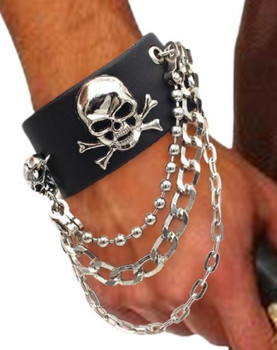 Leather-Like Skull Wristband with Chain | 1990s | Accessories