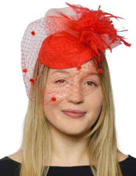 Red Veiled Mini Fascinator Pillbox Hat with Feathers | 1920s | Pillbox Hats