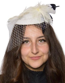 White Veiled Mini Fascinator Pillbox Hat with Feathers | 1920s | Pillbox Hats