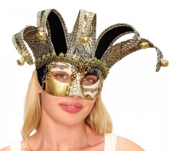 Jester Black and Gold Brocade Masquerade Mask | Venetian and Masquerade Masks