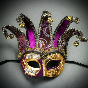 Jester Purple and Gold Brocade Masquerade Mask | Venetian and Masquerade Masks