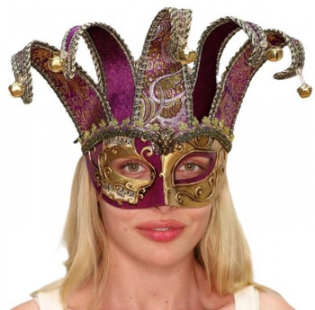 Jester Purple and Gold Brocade Masquerade Mask | Venetian and Masquerade Masks
