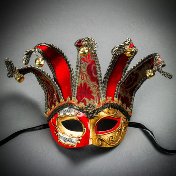 Jester Red and Gold Brocade Masquerade Mask | Venetian and Masquerade Masks
