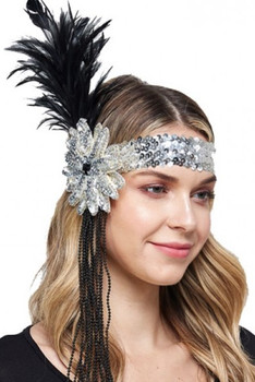 20s Silver Sequin Headband with Flower | 1920s | Hats and Headpieces