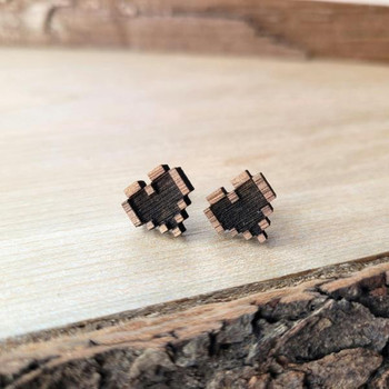 Black Walnut Pixel Heart Stud Earrings | Fantasy by Numbers | Artisan Crafted Items
