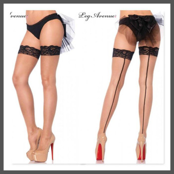 Lace Top Backseam Fishnet Thigh Highs Nude and Black | Hosiery | Legwear and Tights