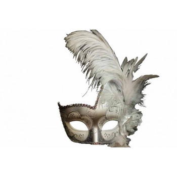 Venetian White and Silver Phantom Opera Glitter Feather Mask | Masquerade | Accessories