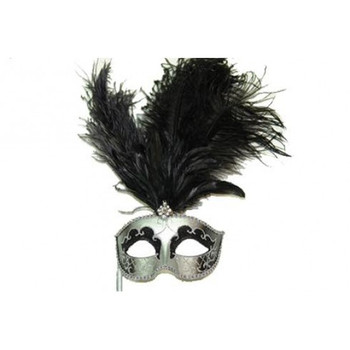 Feather Masquerade Stick Mask Black and Silver | Costume and Theatrical Masks