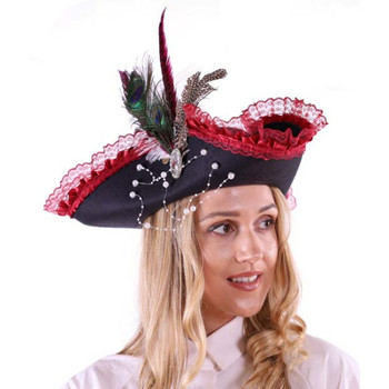 Royal Pirate Renaissance Tricorn Hat with Red Lace Trim | Pirates | Hats and Headpieces