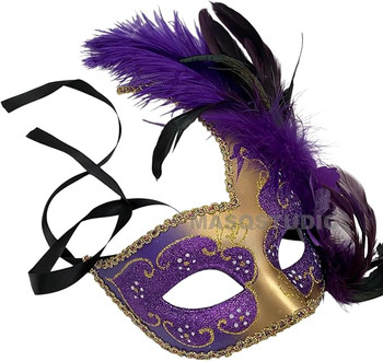 Venetian Purple and Gold Phantom Opera Glitter Feather Mask | Masquerade | Accessories