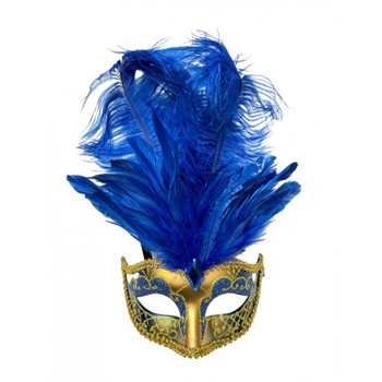 Ornate Glitter Mask with Feathers Blue and Gold | Costume and Theatrical Masks
