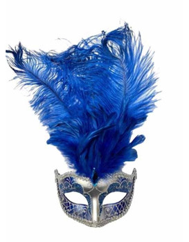 Ornate Glitter Mask with Feathers Blue and Silver | Costume and Theatrical Masks